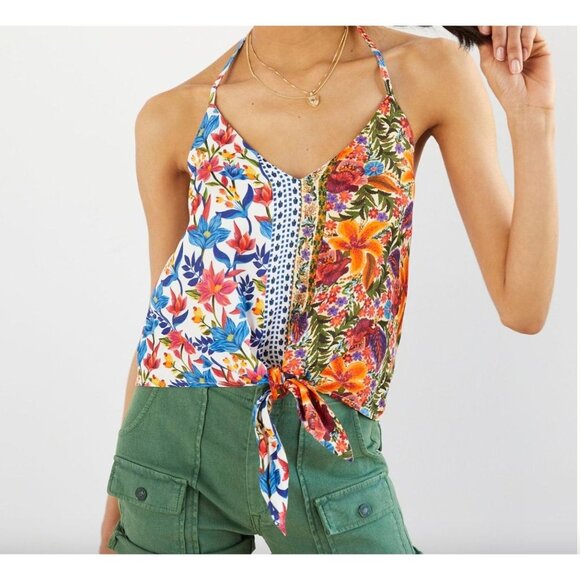 Farm Rio Spliced HalterTop XS Multi Beaded Tie Anthropologie EUC Summer Boho - Picture 2 of 10